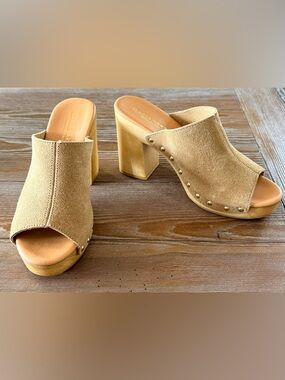 Italian Suede Studded Tan Platform Mules